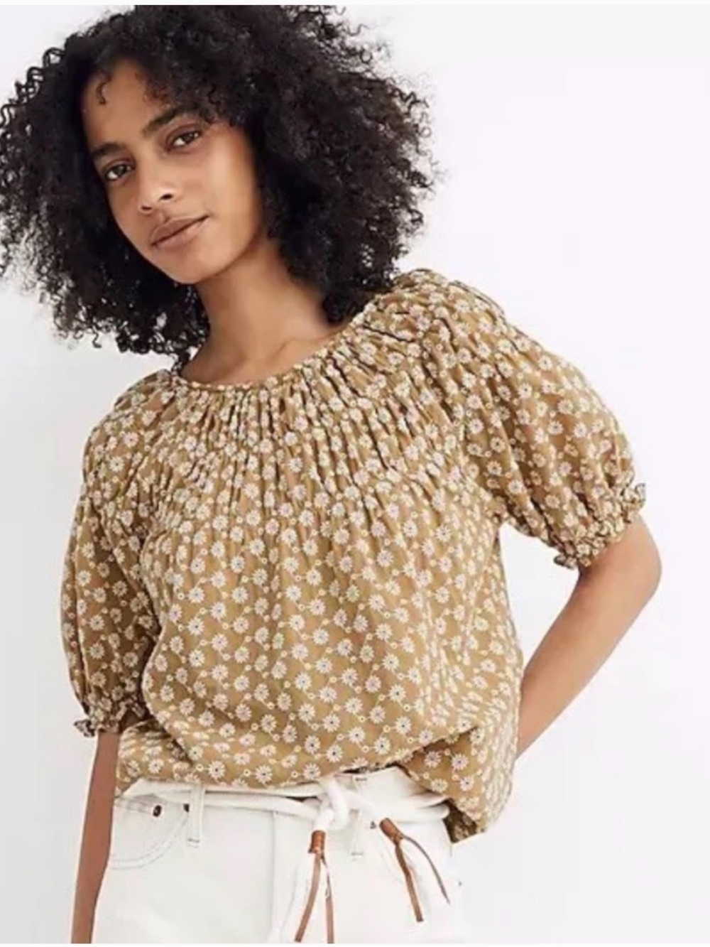 Madewell Tan Floral Smocked Peasant Top